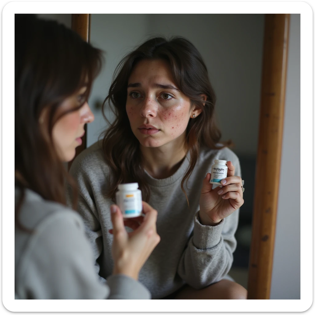 hyperrealistic 4K vertical 9:16 woman sitting in front of a mirror, holding Metformin in hand, looking at her face still marked by acne and hairiness, discouraged expression, domestic environment sticker