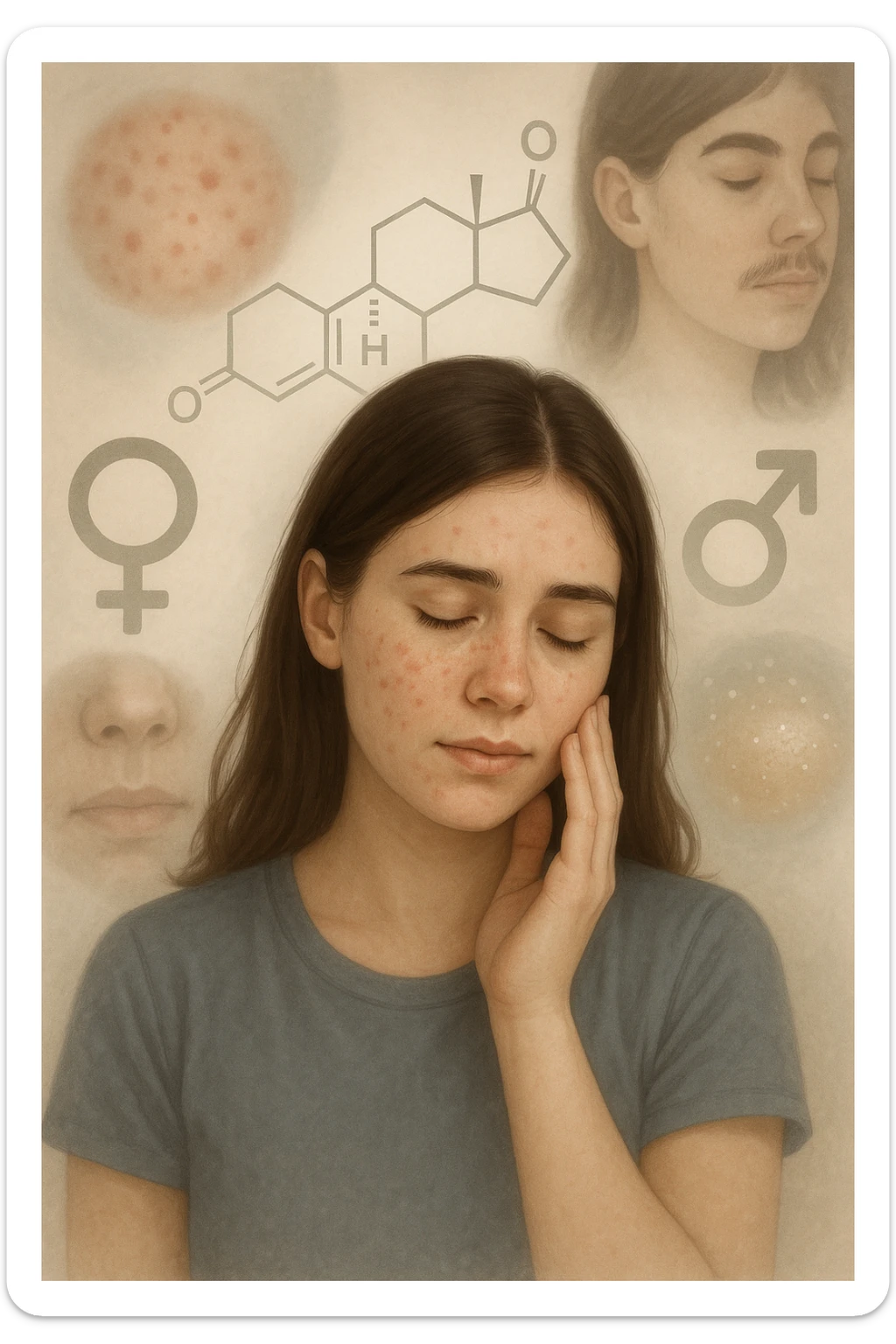 A young woman is surrounded by faint overlays of hormonal symbols and androgen molecules, with shadowy images of acne, facial hair, and oily skin projected around her, symbolizing the symptoms of PCOS with androgen excess. She looks down, gently touching her face with a resigned but hopeful expression, symbolizing her journey toward managing these symptoms. in italiano sticker