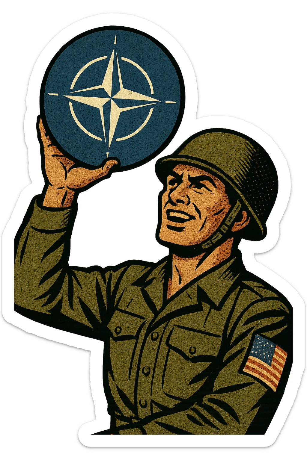 A 1940s American male soldier in uniform holding up a NATO emblem sticker