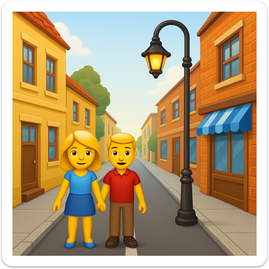 emoji of a small  street scene — a narrow road with a sidewalk, a few  buildings on the sides, and a streetlight. Soft daylight, clean design, minimal background, cheerful and detailed Apple emoji style sticker