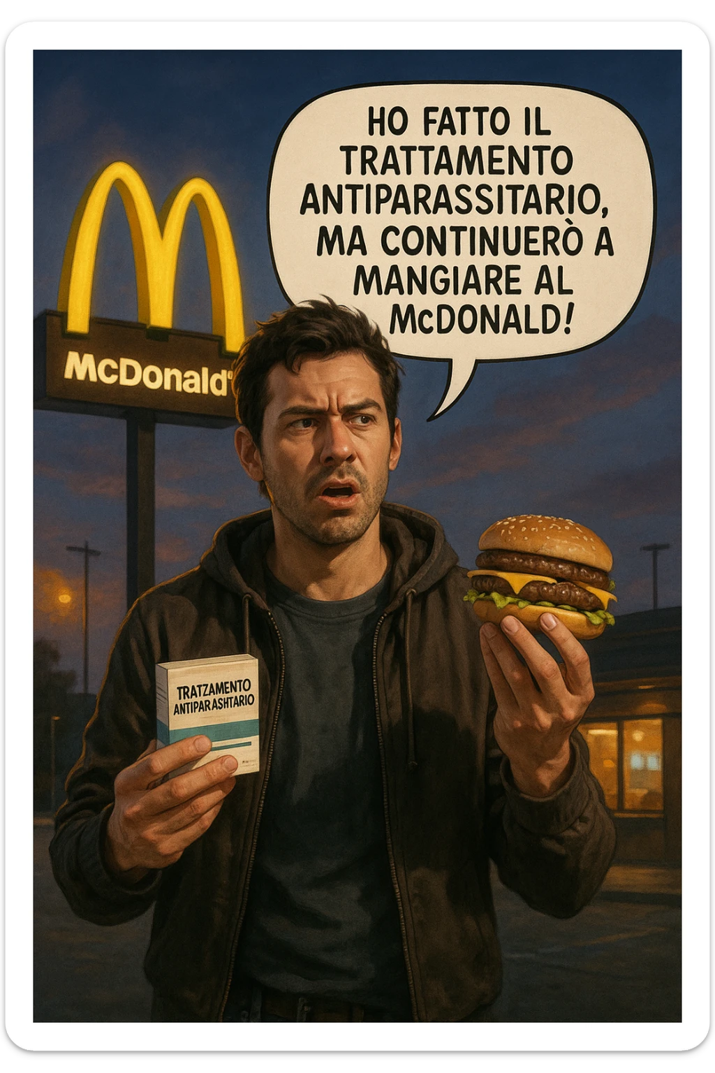 A realistic, cinematic illustration of a man in his early 30s with a confused yet stubborn expression, standing outside a McDonald's at dusk, holding a small box labeled 'Trattamento Antiparassitario' in one hand while holding a large McDonald's burger in the other. He is mid-sentence, saying 'Ho fatto il trattamento antiparassitario, ma continuerò a mangiare al McDonald!' in an expressive speech bubble. The man wears casual streetwear, and behind him, the McDonald's golden arches glow under a neon-lit sky. The mood is ironic and educational, highlighting the contradiction of doing parasite cleanses while continuing unhealthy fast-food habits. The style is realistic with slight illustrative clarity, emphasizing the message humorously while maintaining a serious undertone about lifestyle choices and health in italiano sticker