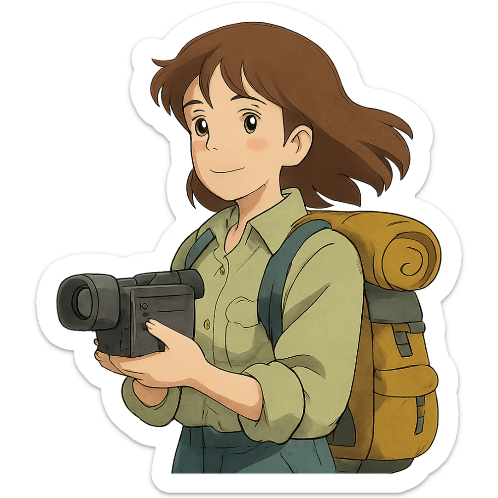 ghibli style hiking woman with brown hair holding a video camera outdoors sticker