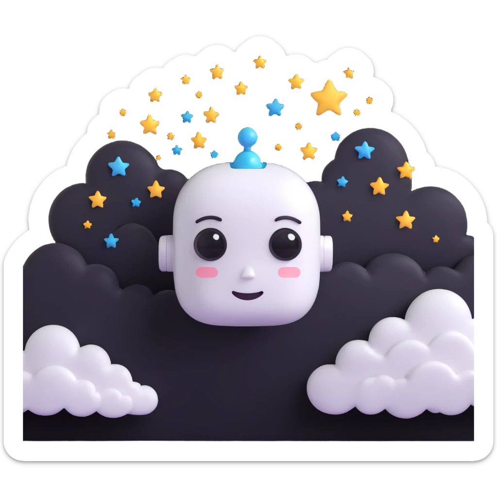 minimalist 3D cartoon-style icon of a peaceful, dreaming robot head with eyes closed, gentle smile, soft features, stylized clouds and stars around the head, simple clean lines sticker
