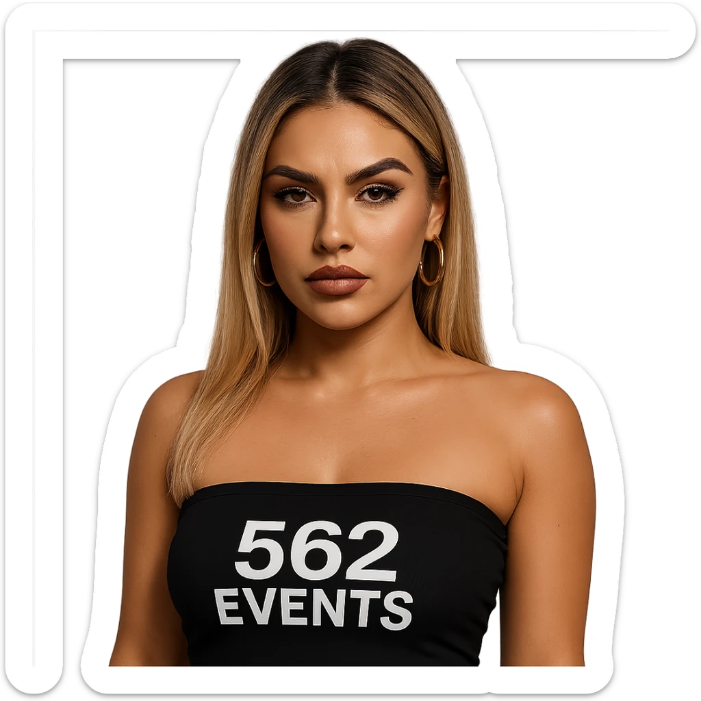 realistic baddie with blonde hair, wearing a black tube top with '562 Events' written on it sticker