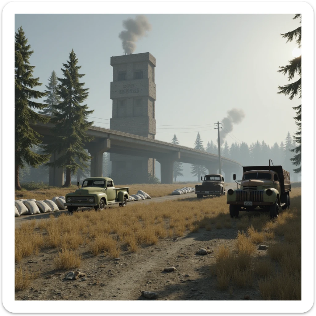  a screenshot of a location in a videogame  the image of the scene consists of: [a tall above-ground freeway collapsed], a wooded area, a small field of wheat, sandbag barricades. distant smoke. uneven terrain, derelict vintage work trucks, more distant smoke sticker