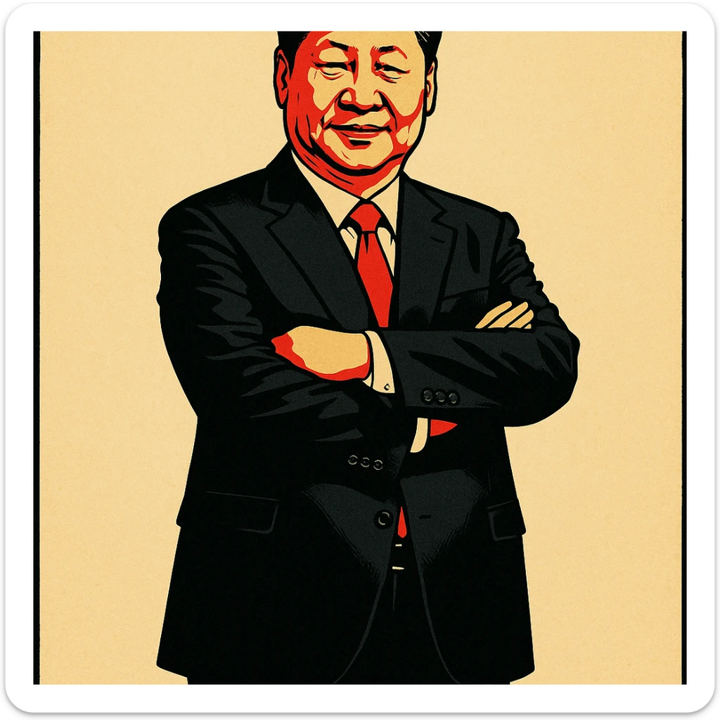 centered full-body portrait, Xi Jinping lookalike, arms crossed, black suit, red tie, bold poster-like style, plain background sticker