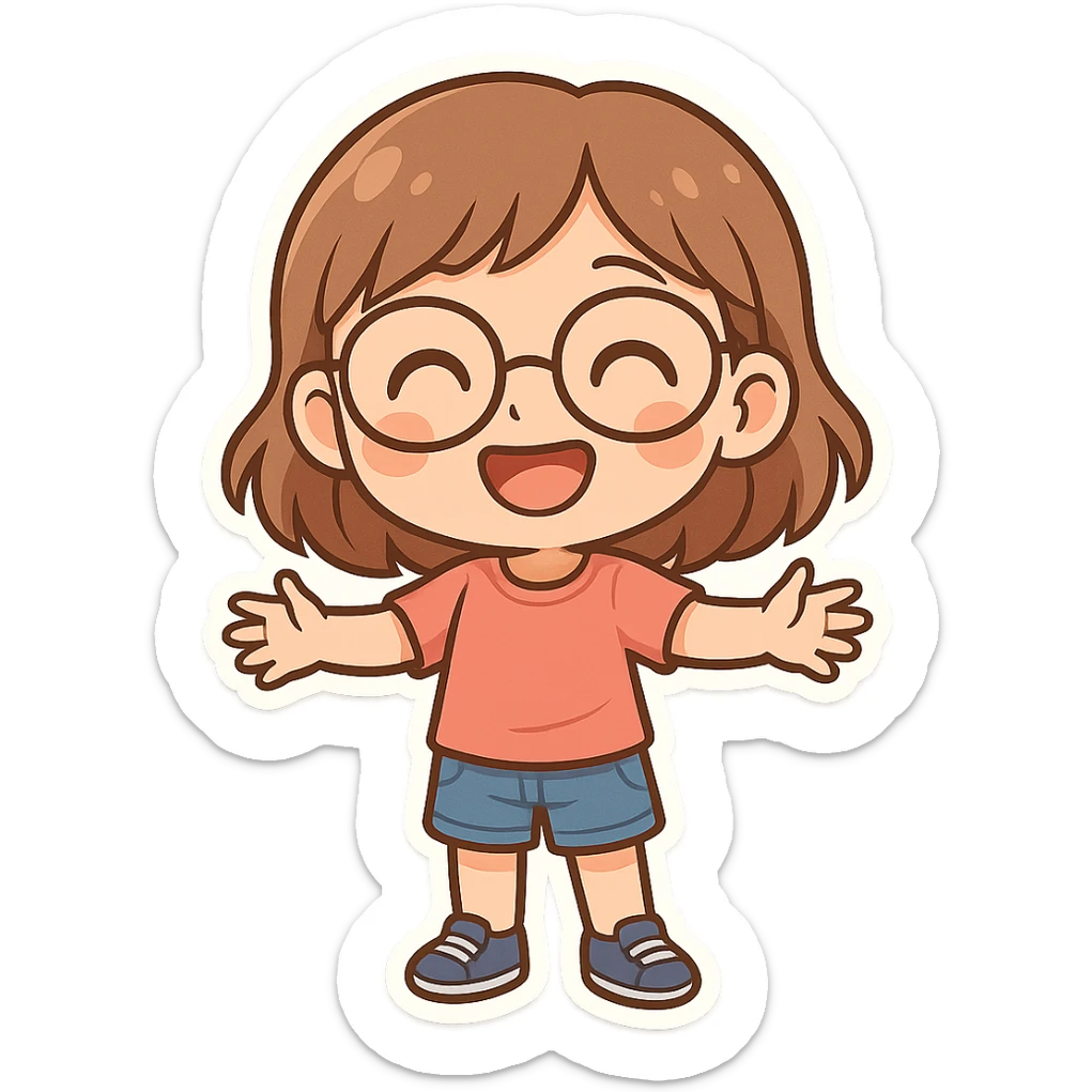 chibi sticker of a friendly 10 year old girl, light brown hair, glasses, big smile, no text sticker