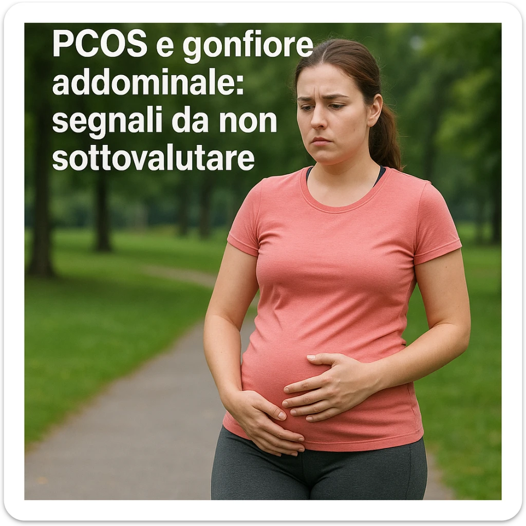 Donna in abbigliamento sportivo, cammina all’aperto con passo lento, una mano sulla pancia gonfia, espressione seria, testo in italiano: 'PCOS e gonfiore addominale: segnali da non sottovalutare', sfondo parco, qualità 4K sticker