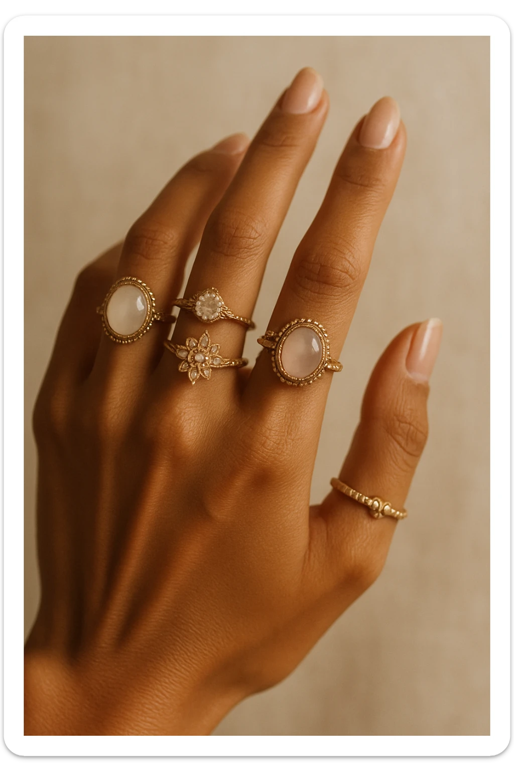 a beautiful tanned woman's hand covered in rings, elegant, detailed jewelry, feminine sticker