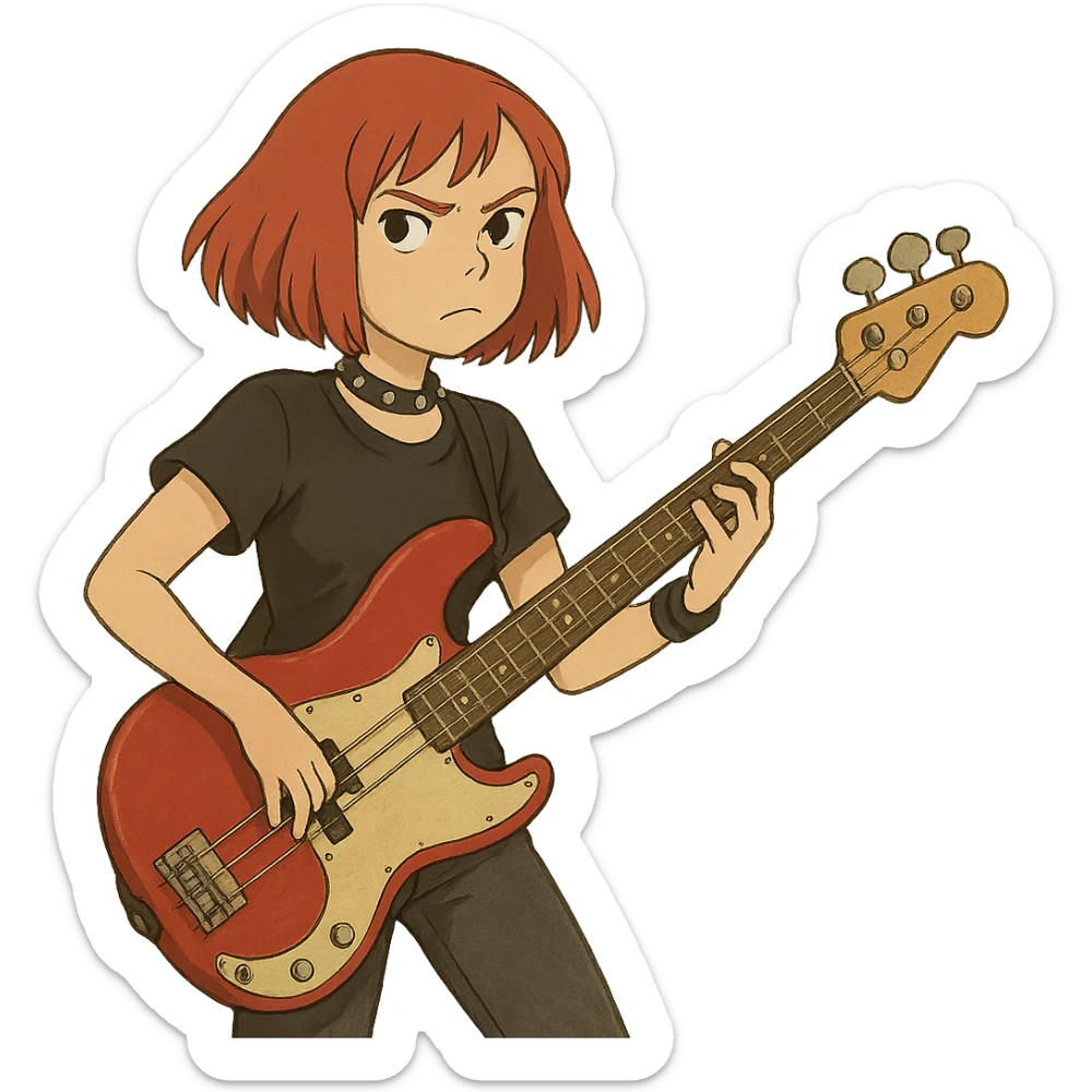 rock girl with red hair and red bass guitar, long bob hairstyle, punk attitude sticker