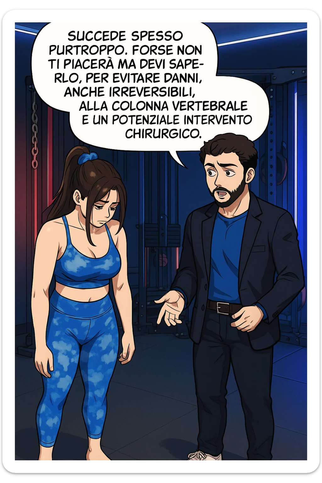 fai questa immagine in versione fumetto/manga/webtoon a colori, il manga mostra l'uomo che risponde alla donne:
Succede spesso purtroppo. 
Forse non ti piacerà ma devi saperlo, per evitare danni, anche irreversibili, alla colonna vertebrale e un potenziale intervento chirurgico. sticker