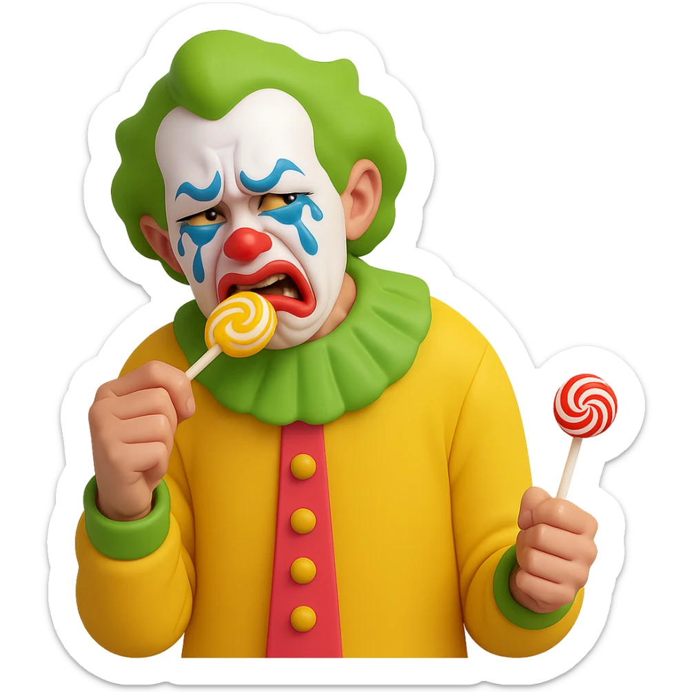 Make the ugly joker in the yellow jersey cry brutally out of envy, with exaggerated tears and a jealous, envious expression, still eating a lollipop, no background. Render in a style suitable for editing with transparent background. sticker