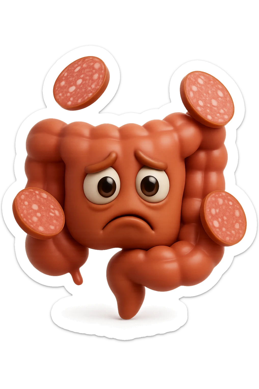 emoji stile iphone in 3d di un intestino triste con fette di carne che gli fluttuano intorno, gli occhi falli con la parte bianca pure, iperrealistico 4k sticker