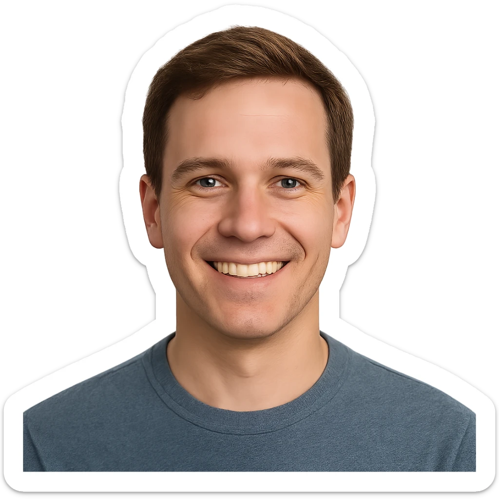 brown-haired man without beard or mustache, smiling face sticker