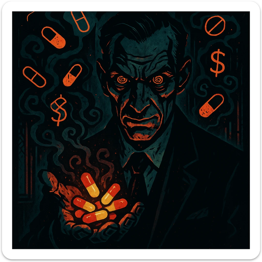 Close-up of a sinister man in a sharp suit holding glowing pills, hypnotic gaze, swirling pharmaceutical symbols and dollar signs in dark smoke, gothic neon-lit background, cinematic lighting, hyper-detailed, Mike Mignola and cyber-noir style. sticker