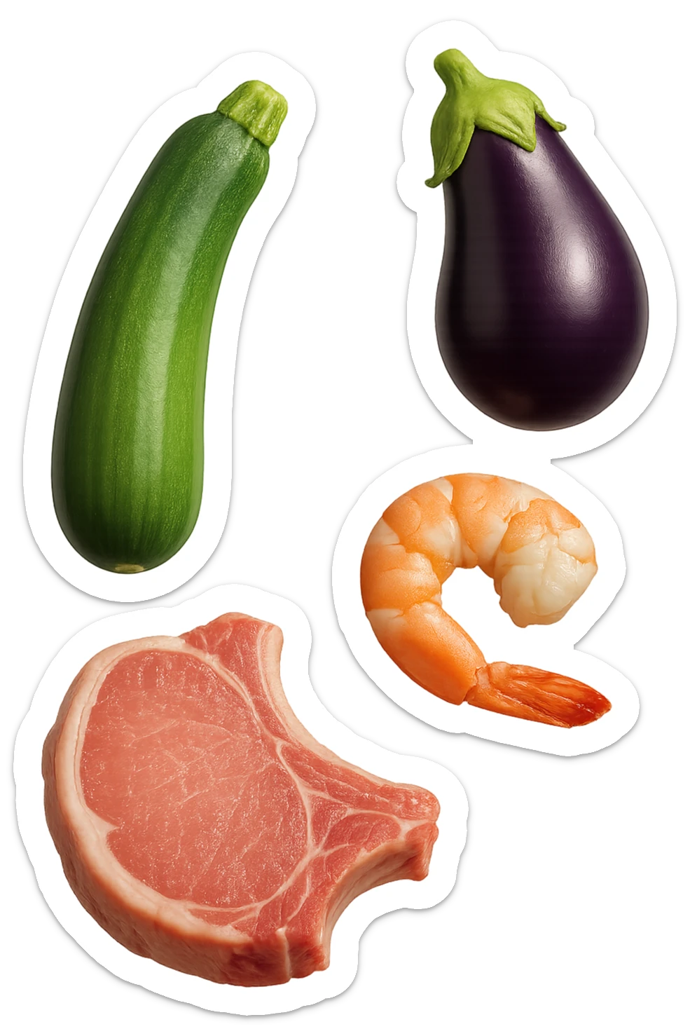 emoji stile iphone realistica zucchine, melanzane, gamberi, costoletta fluttuano in aria
IPERREALISTICO 4K sticker
