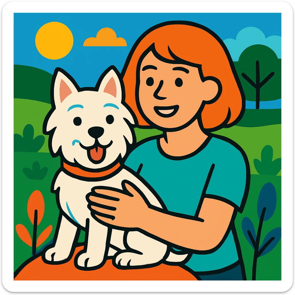 Change the woman's hairstyle to a short bob, keep the vibrant and friendly scene with the Westie dog. sticker