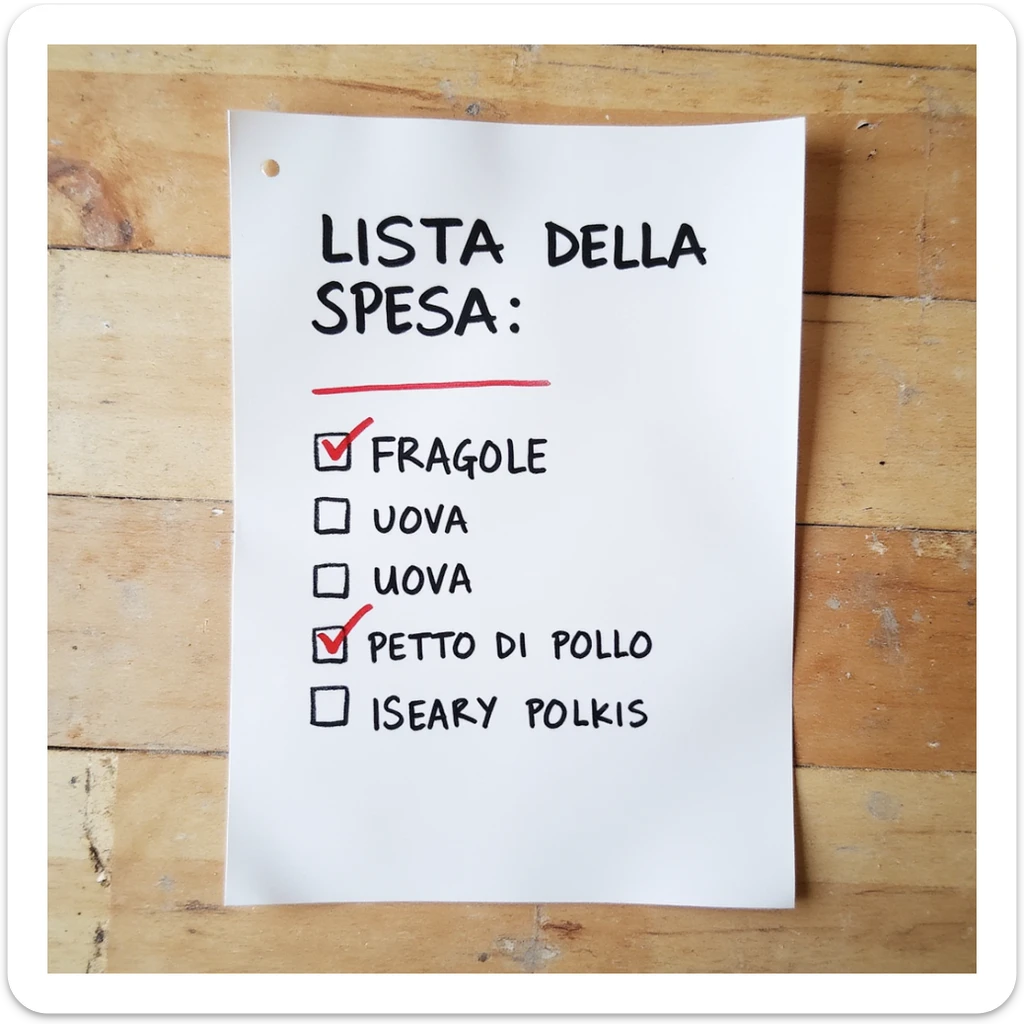 top view of a sheet of paper with handwritten shopping list in pen: 'LISTA DELLA SPESA: - FRAGOLE - UOVA - PETTO DI POLLO', with check marks on purchased items, hyperrealistic 4K, no background sticker