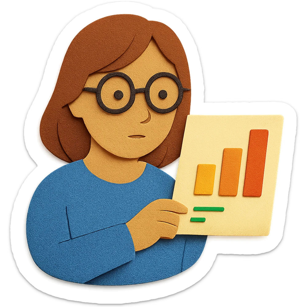 A woman wearing glasses and looking at data, in paper craft style, with no background. sticker