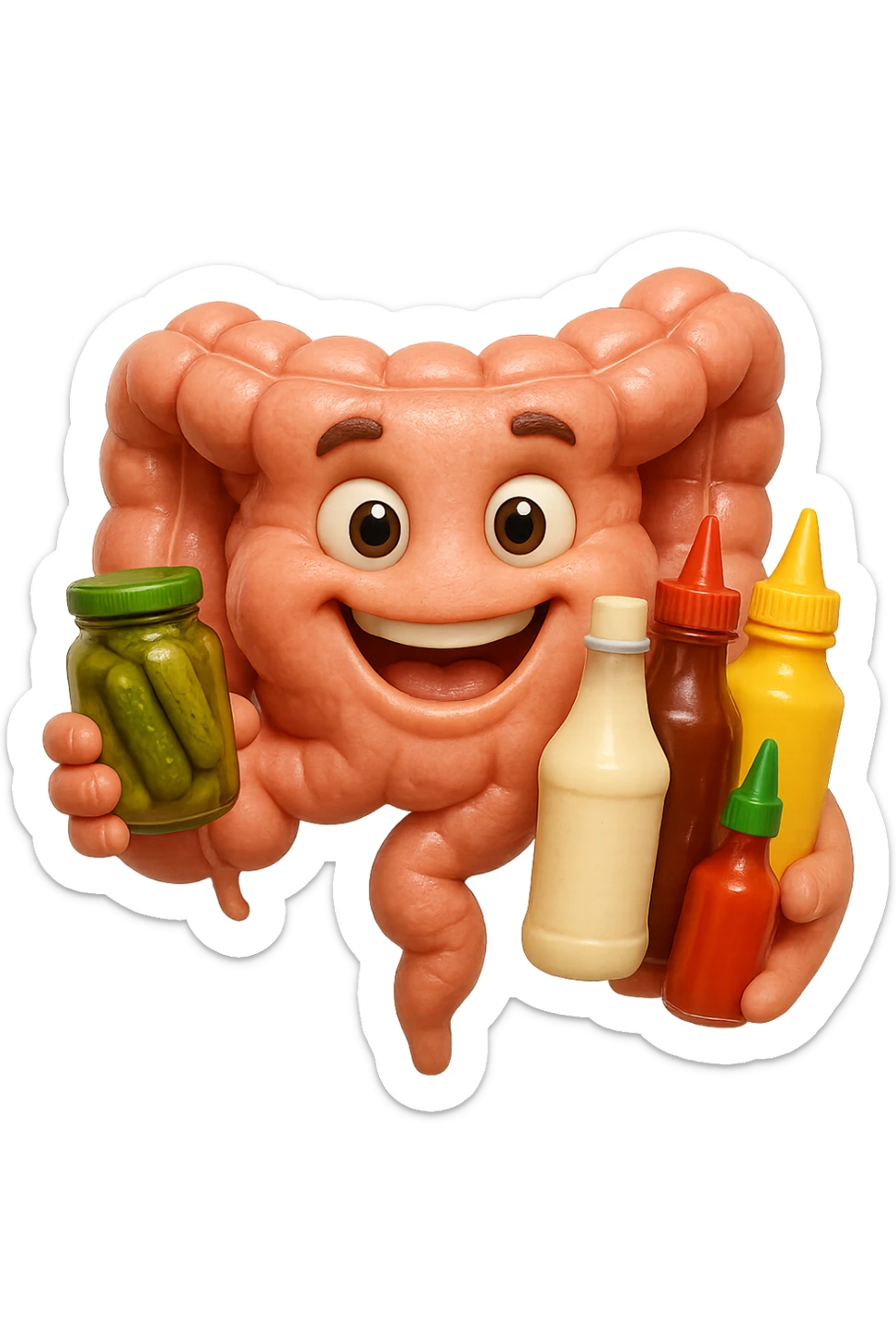 emoji stile iphone di intestino umano con espressione felice mentre tiene in mano cetriolini sottaceto, maionese, salsa barbecue, salsa, senape realistica
IPERREALISTICO 4K sticker