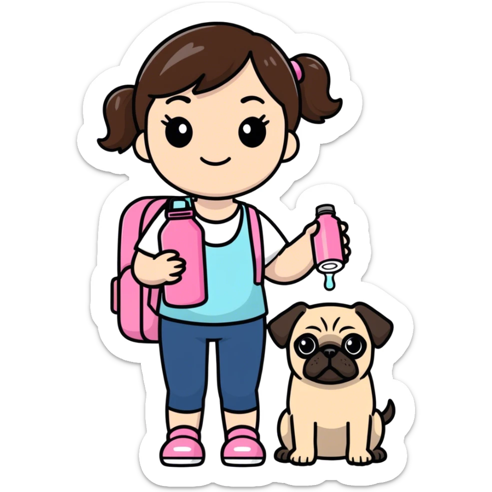 Cute brunette girlie with her pink Stanley water bottle tumbler and a little pug  sticker