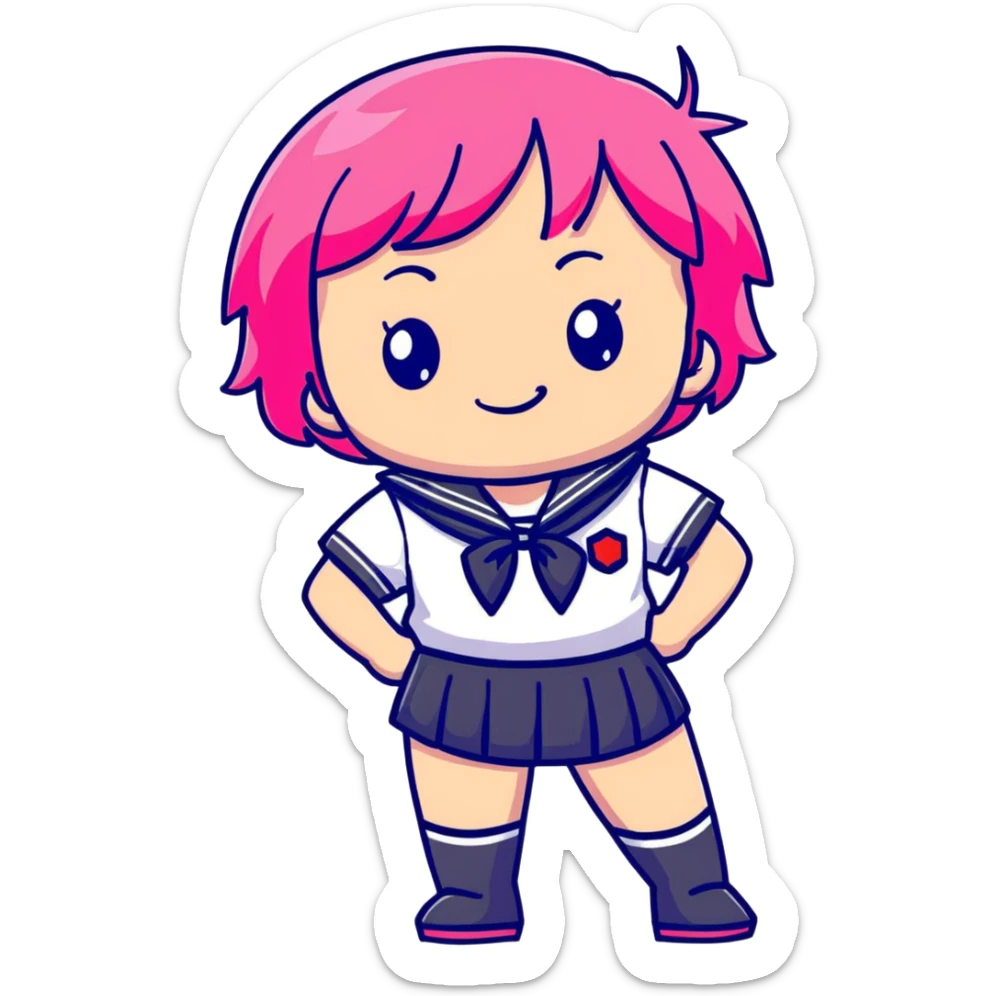 Anime girl with short bright pink hair wearing Japanese sailor style school uniform, confident pose with hand on hip and bright cheerful grin, excited and happy sticker