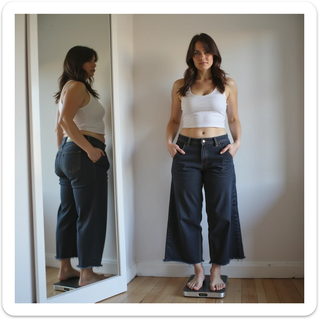 adult woman, photorealistic, yo-yo diet, standing in front of mirror, holding pants of two different sizes, uncertain expression, scale on floor, natural light, bedroom background sticker