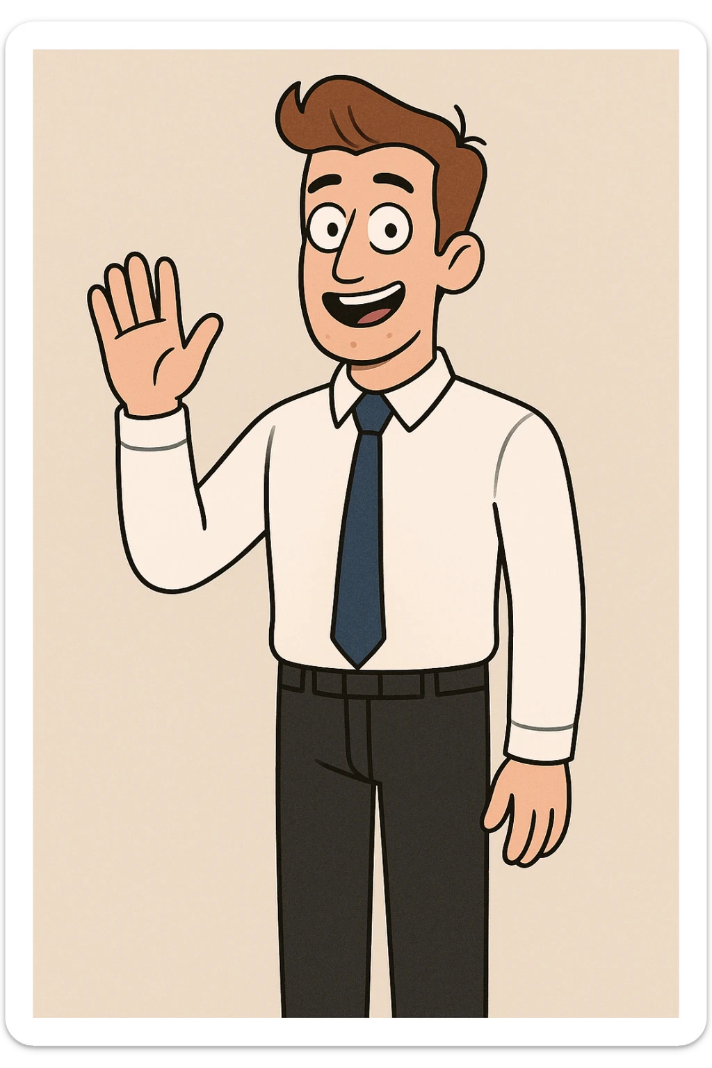 A man sky brown hair Marine Blue Colours Satin Tie White Whistler Classic Oxford Shirt black Apollo Flat Front Trouser hand to say hello sticker