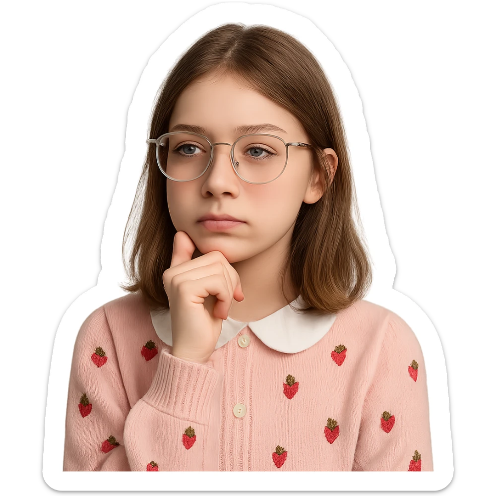 teen girl with clear glasses, shoulder length light brown hair, cute core style, looking thoughtful, no smile sticker