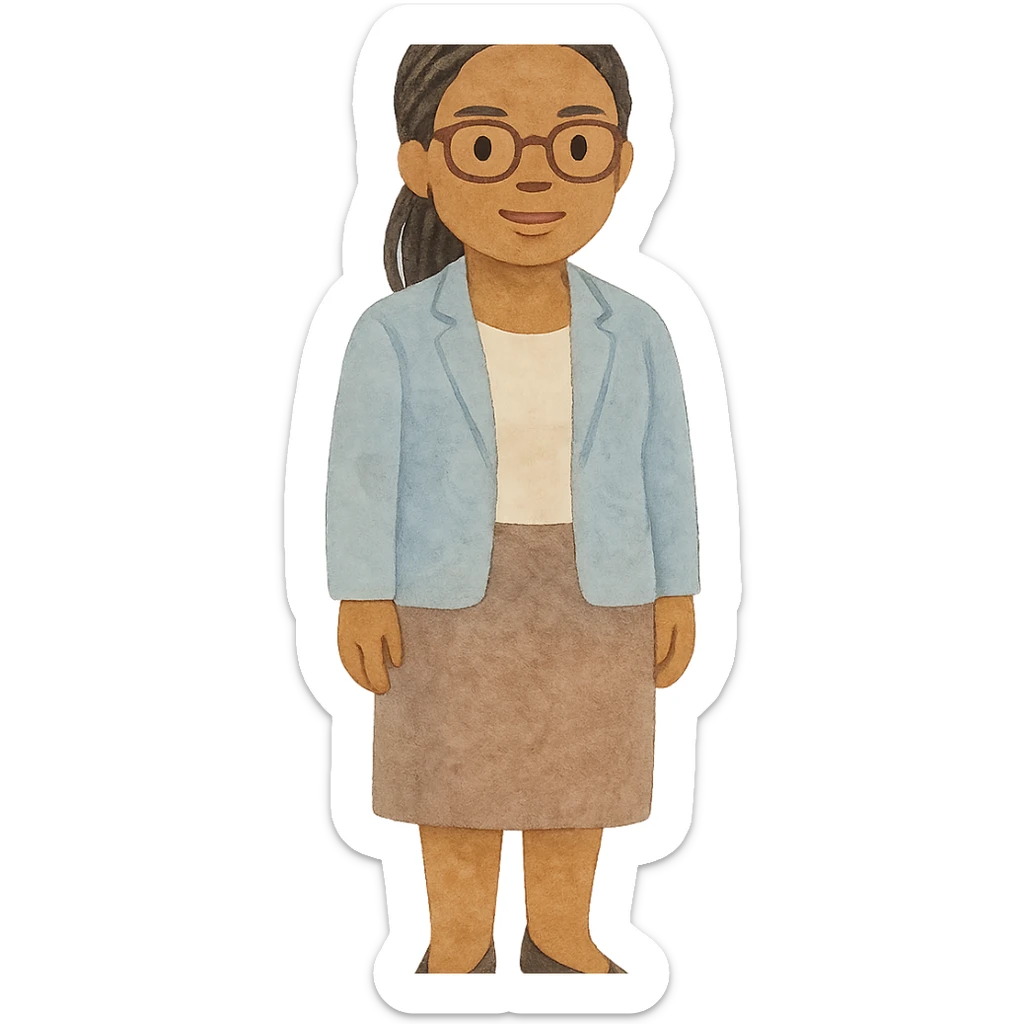 full body emoji of Kemi Badenoch, glasses and braided hair, standing, painterly style, transparent background sticker