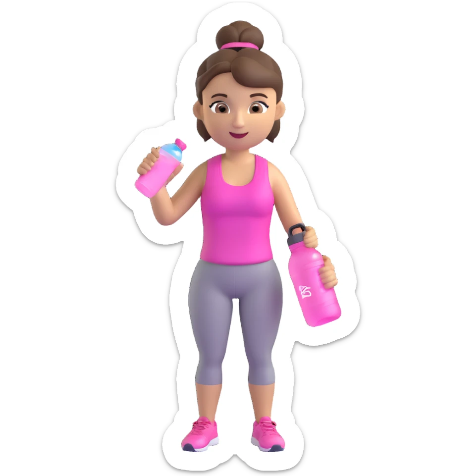 girly gym emoji with pink water bottle, brunette hair in a bun, energetic expression sticker
