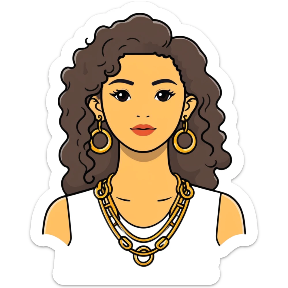 attractive Greek woman with long curly hair and light skin wearing gold hoop earrings and a gold necklace sticker