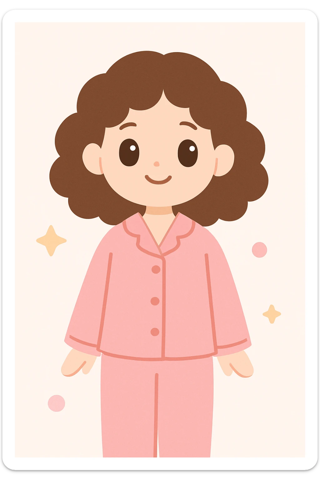 friendly illustration of a woman with curly brown hair wearing pink pajamas, simple background sticker