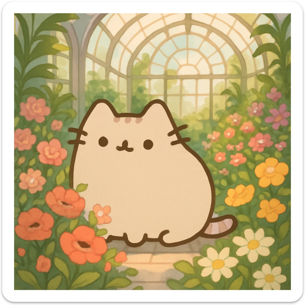 beige blonde pusheen-style kitten in a botanical garden greenhouse filled with flowers sticker