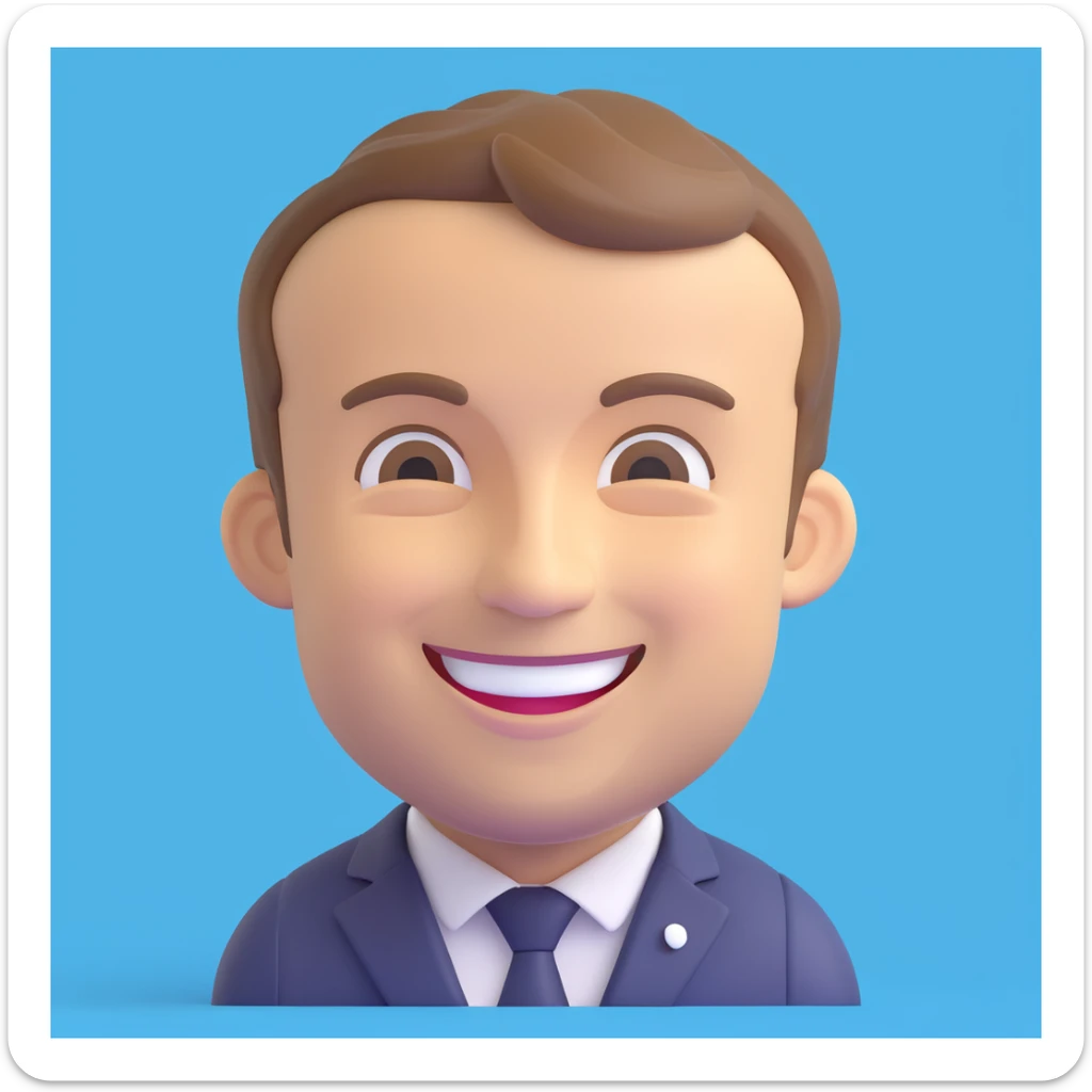 Emmanuel Macron, French president, 3D emoji style, smiling, French flag background sticker