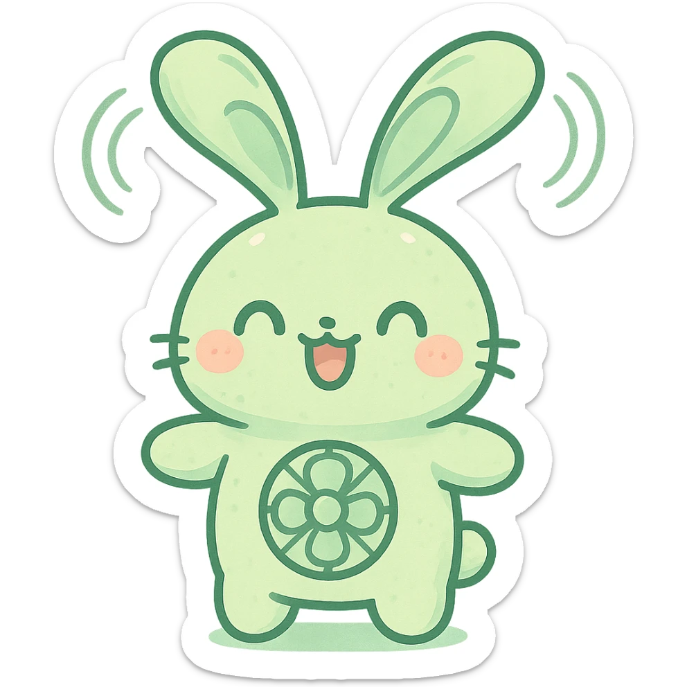 kawaii bunny-fan hybrid, ears spinning like fan blades, pastel green, cheerful, full-body sticker