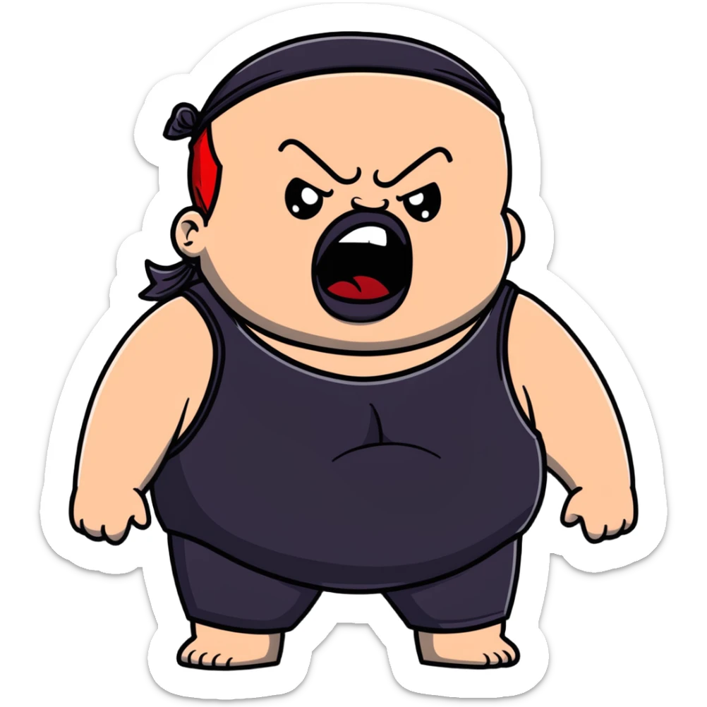 Extreme close-up of face of morbidly obese white skin guy with young face, prominent BLACK DURAG tied clearly on head, black beard but no mustache, clean shaven upper lip, black eyes in a red and black wrestling singlet with mouth wide open screaming angrily sticker