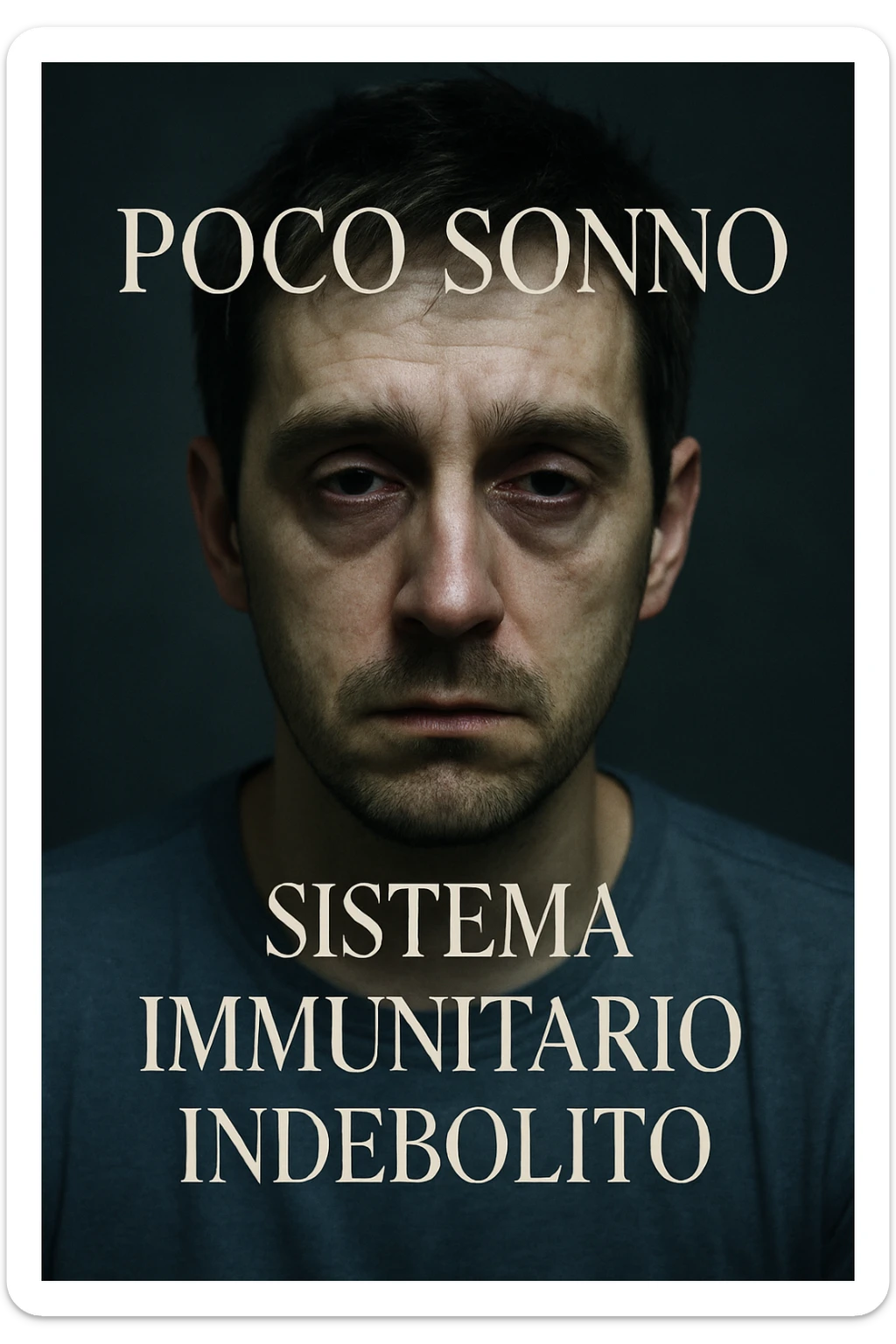 vertical realistic cinematic image of a man who sleeps little, visibly tired, with representation of a weakened immune system, clinical dramatic lighting, Italian captions, aspect ratio 2:3 sticker