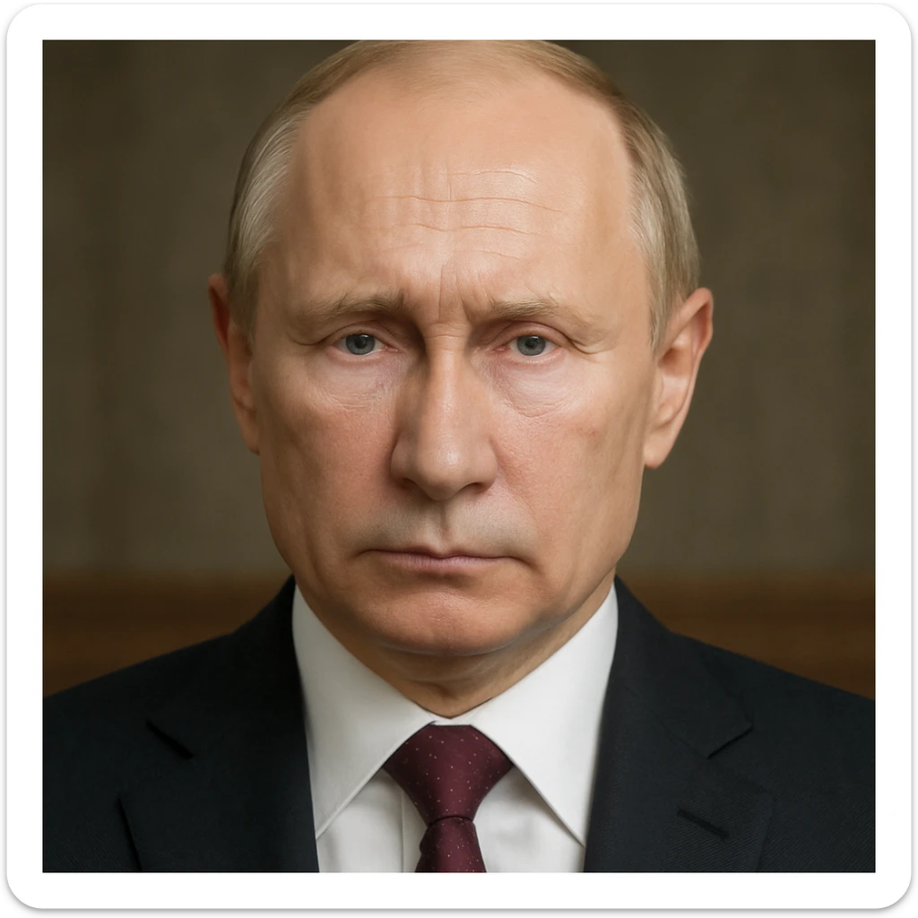 highly realistic photorealistic portrait of Vladimir Putin with a serious expression, entire head and shoulders fully visible, centered in frame sticker