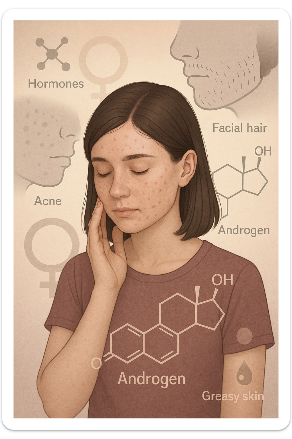 A young woman is surrounded by faint overlays of hormonal symbols and androgen molecules, with shadowy images of acne, facial hair, and oily skin projected around her, symbolizing the symptoms of PCOS with androgen excess. She looks down, gently touching her face with a resigned but hopeful expression, symbolizing her journey toward managing these symptoms. in italiano sticker