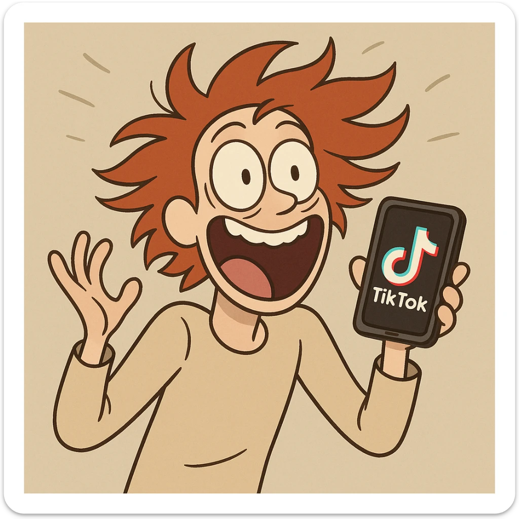 redhead person with wild excited expression, eyes wide, hair flying, holding a phone with TikTok logo, looking overwhelmed and energetic, cartoon style sticker