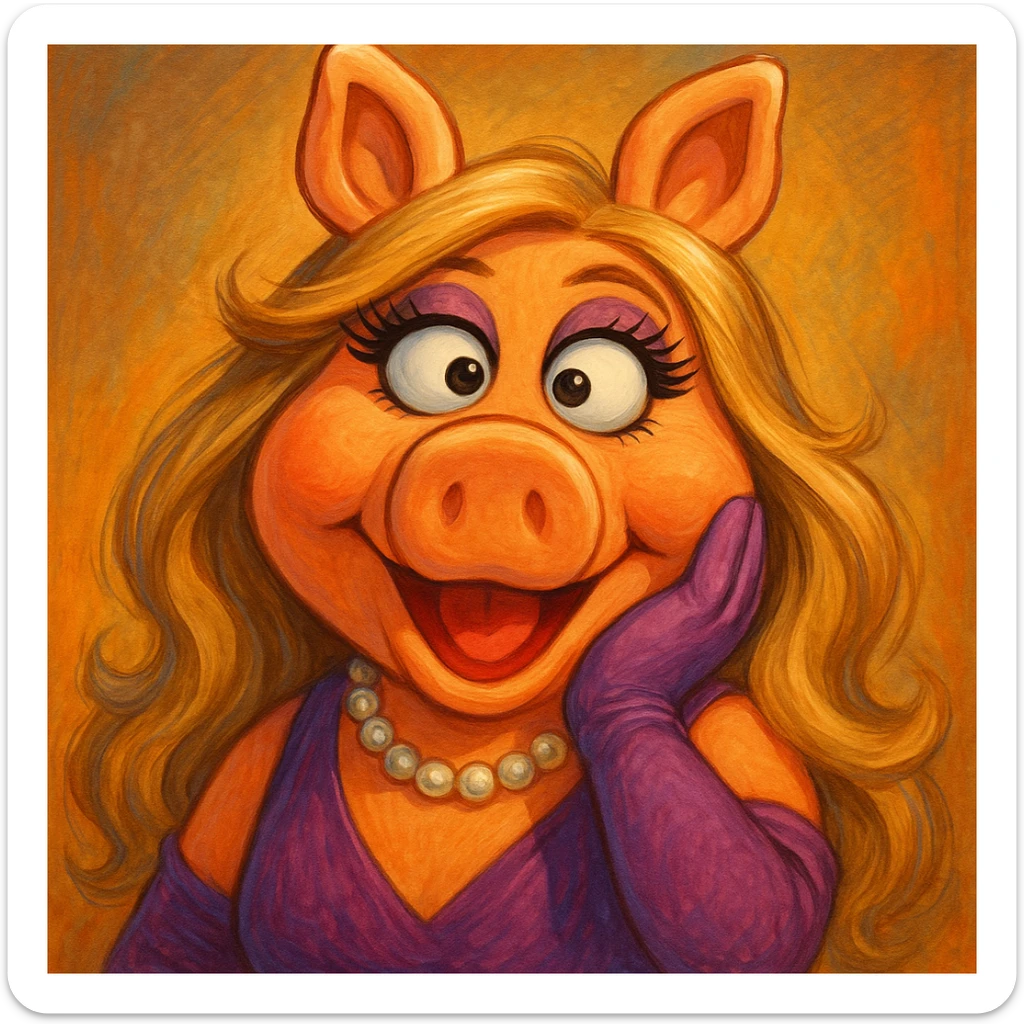 Miss Piggy with cross eyes, playful expression, detailed, vibrant colors sticker