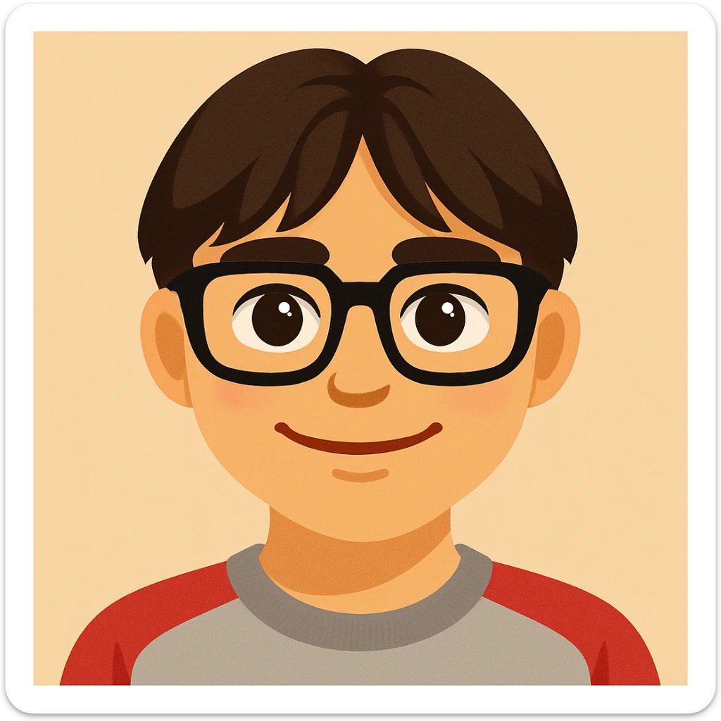 Dark-haired guy with hair to his earlobes, square black glasses, brown eyes, emoji style sticker