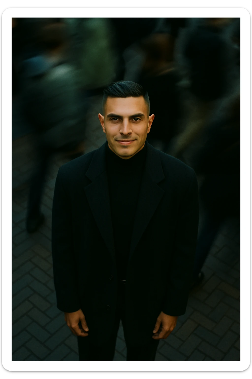 overhead shot of me standing still on a brick city sidewalk, wearing a dark oversized blazer,
motion-blurred crowd rushes past around me. Moody lighting, 35mm film look, shallow depth of field, sharp focus on me. sticker