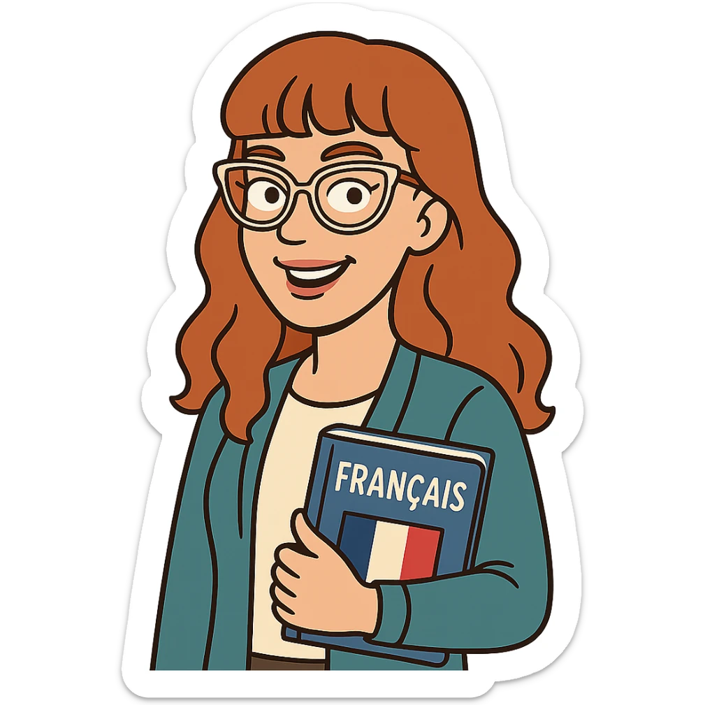 cartoon style, bitmoji-inspired, redhead woman with long wavy hair and bangs, cat-eye clear-framed glasses, blue eyes, French teacher, holding a book sticker