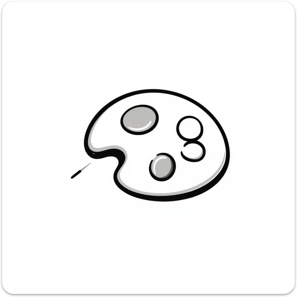 Detailed artist's paint palette with thumb hole and paint colors in specific pastel colors (dd9fb0, ffc6d3, a3bfc9, c4bee2, f1b091). Hand-drawn doodle style with intricate details. The palette should have paint blobs of each color clearly visible. sticker