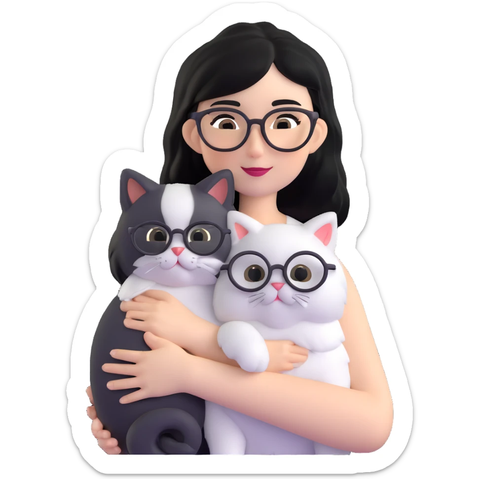 Skinny woman with oval glasses, shoulder length straight black hair, wearing white sleeveless top, hugging a Persian-Angora cat that's gray and white like Oreo cookies, plain background sticker