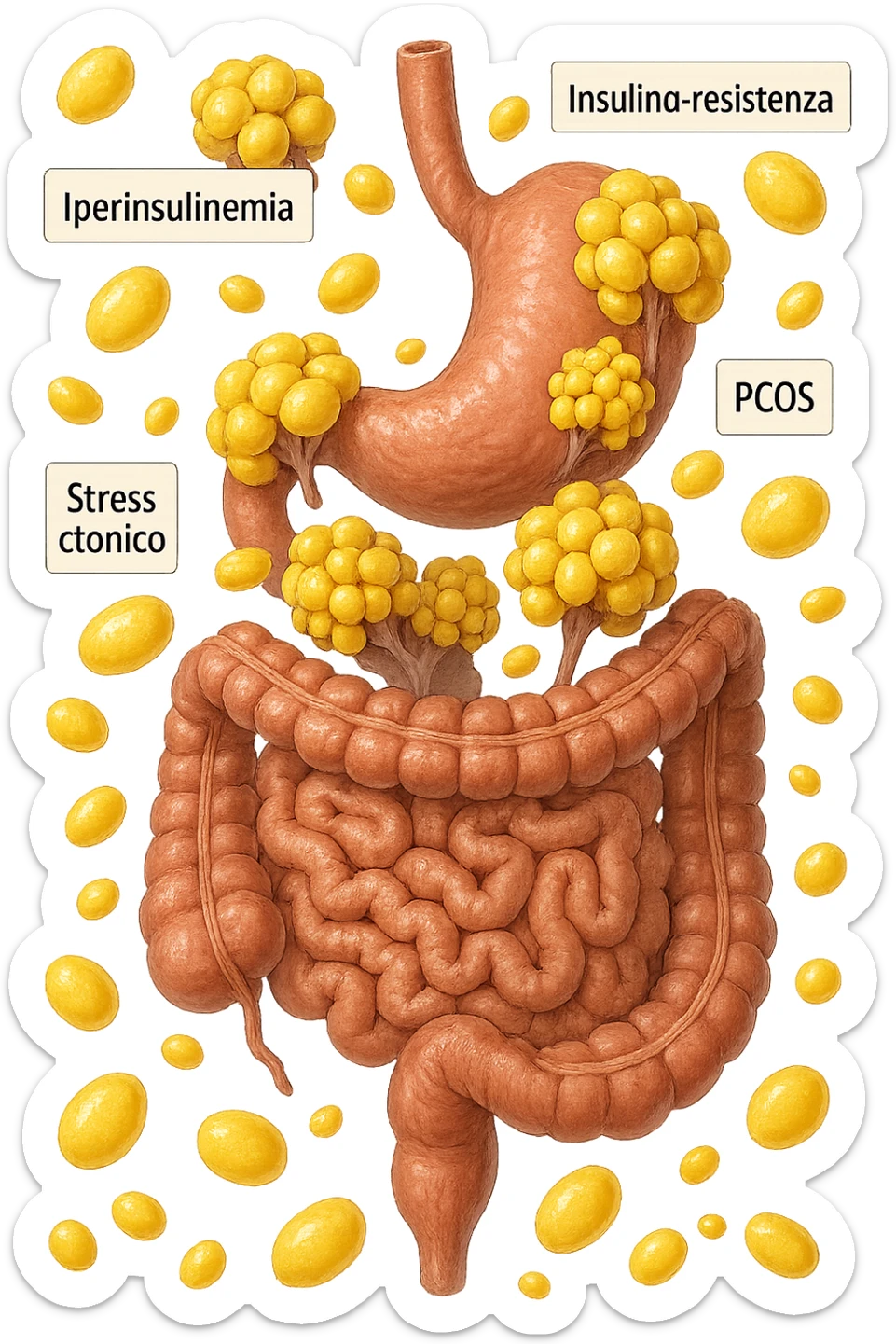 STOMACO E INTESTINO SONO VERTICALMENTE COLLEGATI E INTORNO A QUESTI ORGANI CI SONO CELLULE DI GRASSO GIALLE ATTACCATE SOPRA A GRAPPOLI, intorno fluttuano cellule di grasso giallo e alcune targhette con queste parole "Iperinsulinemia", "insulino-resistenza", "PCOS", "Stress cronico", "asse HPA", IPERREALISTICO 4K sticker