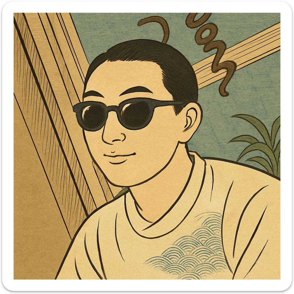 Remove the hat and add sunglasses to the person in ukiyo-e style, keeping bold outlines and soft color gradients. sticker