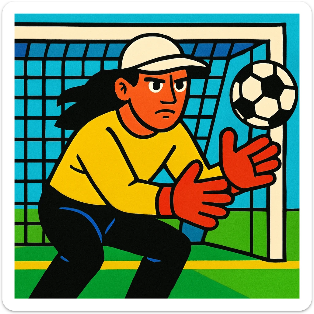 un portero de fútbol con ropa amarilla, gorra blanca, pelo largo negro, pantalón negro, guantes rojos y cara seria, estilo ilustración colorida sticker